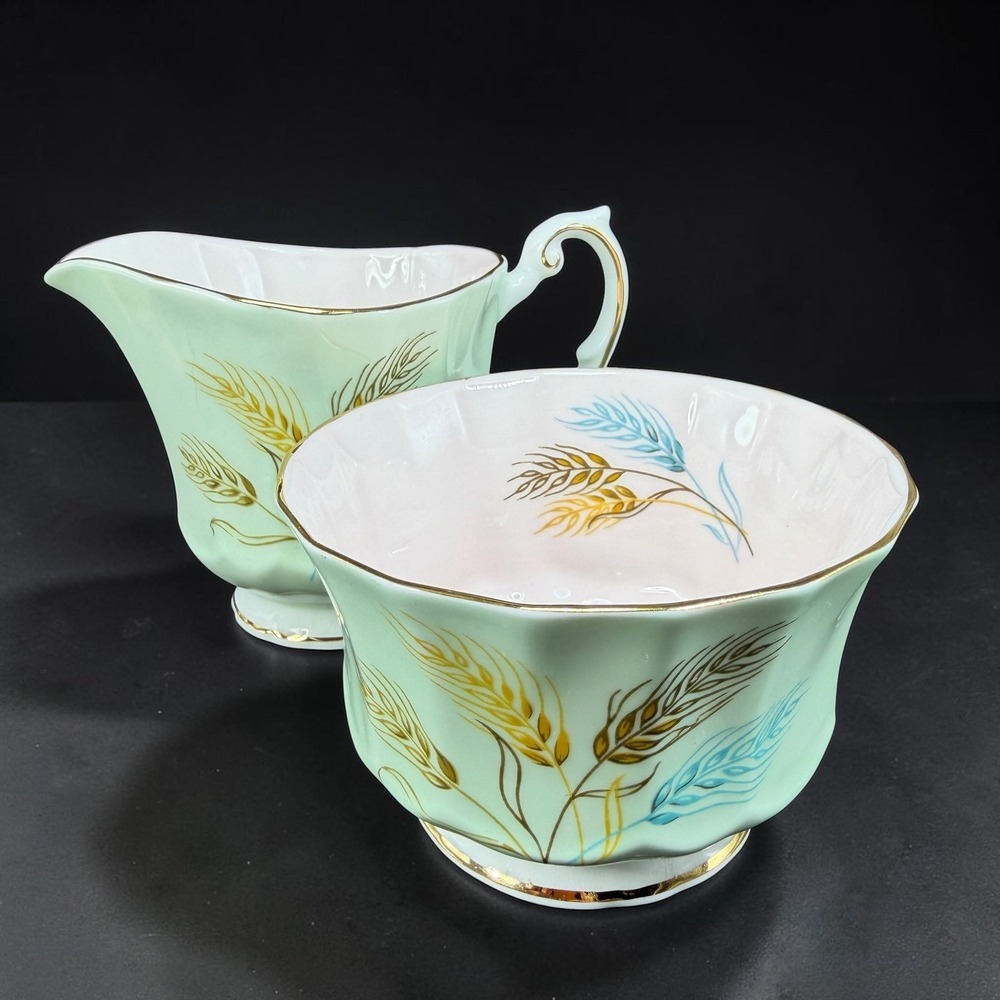 Elizabethan‎ Fine Bone China Creamer Sugar Set Wheat Green Pink Gold England